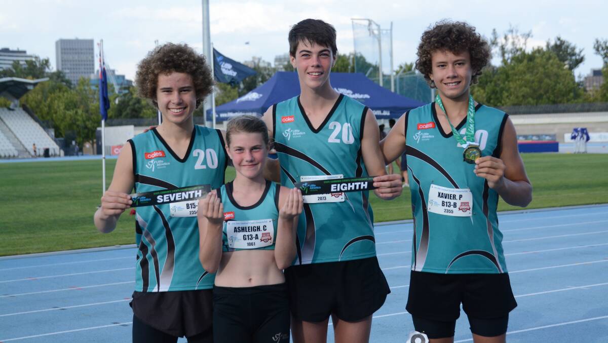 YOUNG GUNS FIRE: Wangaratta athletes Alex Pitt, Ashleigh Carty, Lachlan Carty and Xavier Pitt at this month's State Multi Event Championships in Melbourne.