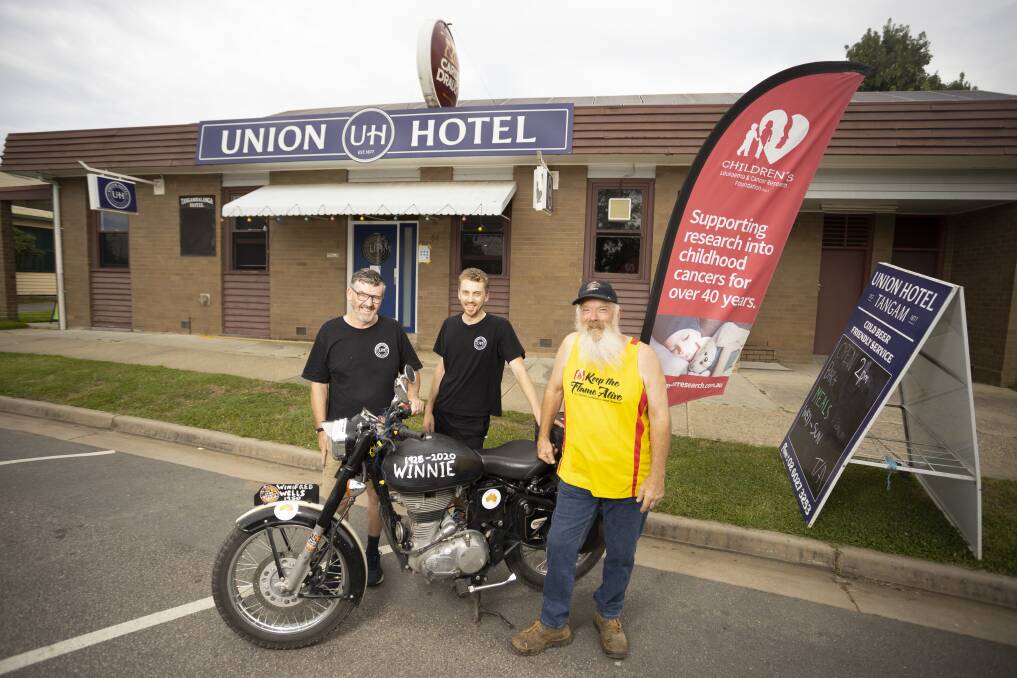 COME ON OUT: Tangambalanga's Union Hotel publicans Anthony and Willo Keck, with show and shine organiser Brian Bayley, are set for Sunday's event. Picture: ASH SMITH