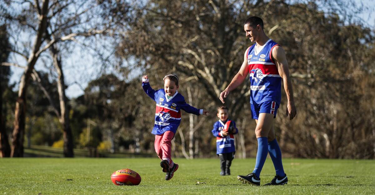BIG DANCE: Michael Rampal, with his children, Rayne, 5, and Jordy, 3, is primed for his first grand final with Thurgoona. Picture: JAMES WILTSHIRE