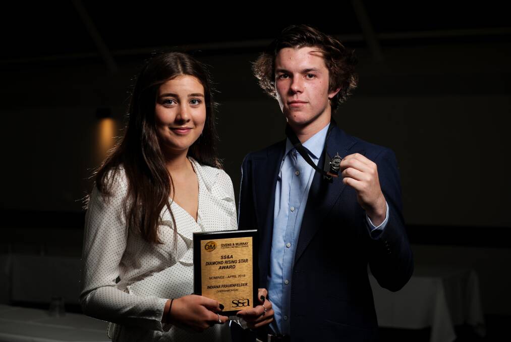 BRIGHT FUTURES: Yarrawonga's Indianna Frauenfelder and Myrtleford's Darcy Chellew took out the Ovens and Murray netball and football Rising Star awards on Monday night. Picture: JAMES WILTSHIRE