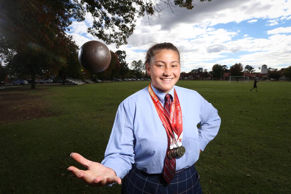 STANDOUT: The Scots School Albury student Xy Beale won five medals at the Australian Athletics Championships in Sydney, which included gold in the under-16 shot put. Picture: JAMES WILTSHIRE