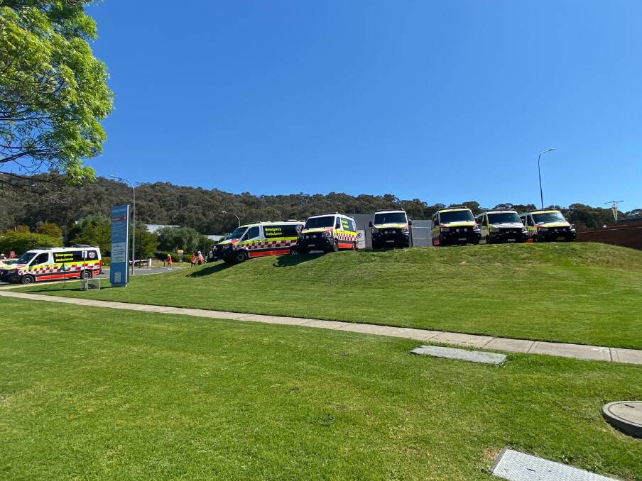 Ambulances being forced to wait outside Albury hospital on Thursday, October 11. Picture supplied