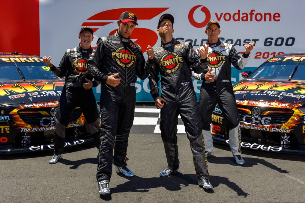 READY TO ROCK: Erebus Motorsport drivers Will Brown, Anton De Pasquale, David Reynolds and Luke Youlden show off their Kiss-inspired suits and livery ahead of the Gold Coast 600 this weekend. Picture: AJ PHOTOGRAPHY
