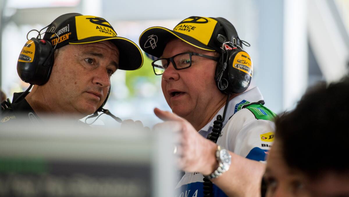 MILESTONE: Brad Jones Racing team Boss Brad Jones with team manager Peter Vale. The Border-based Supercars team will celebrate its 600th start at Townsville this weekend. Picture: TIM FARRAH