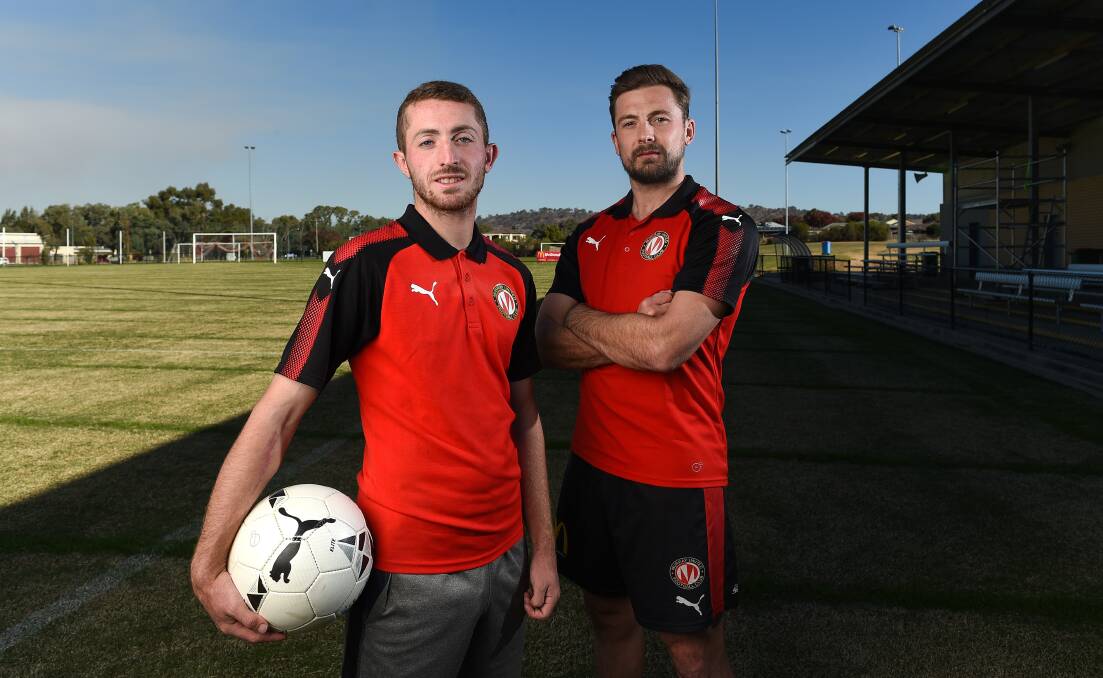 BATTLE OF THE BRITS: Murray United striker Tom Youngs and captain Ashley Dunn will play vital roles in Saturday's derby against Goulburn Valley Suns. Picture: MARK JESSER