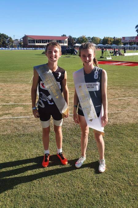 YOUNG GUNS: Wodonga's Sloan Mulholland and Warrnambool's Hannah McNeil won the little athletics 100m handicap events at the Stawell Gift. Picture: ROBERT MULHOLLAND