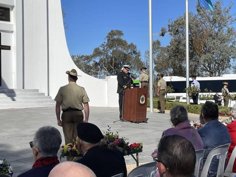 Commander Tristan Skousgaard, of the Royal Australian Navy, delivers his 2024 commemorative Anzac Day address in Albury. Picture by Beau Greenway 