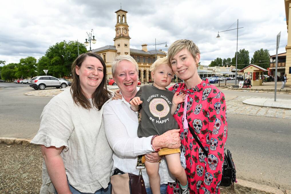 BACK TOGETHER: Melbourne nurse Hannah Pahl has waited more than six months to see mother, Colleen Pahl, nephew Kit Forrest, 2 and sister Airley Forrest. She was reunited with her loved ones at Beechworth on Saturday. Picture: MARK JESSER