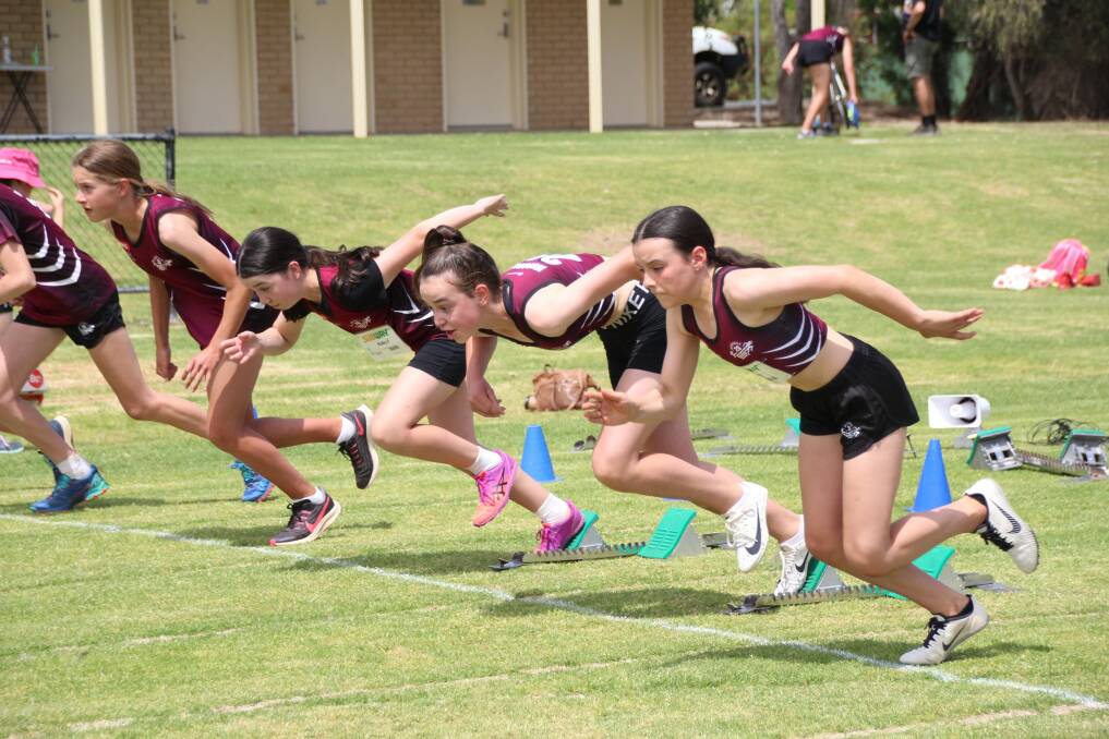 ON YOUR MARKS: Wodonga Little Athletics Centre under-13 girls Sophia Scholz, Ruby Fraser, Pania Taylor and Eve O'Connor take off in their 100m event. Picture: RYAN MCMAHON