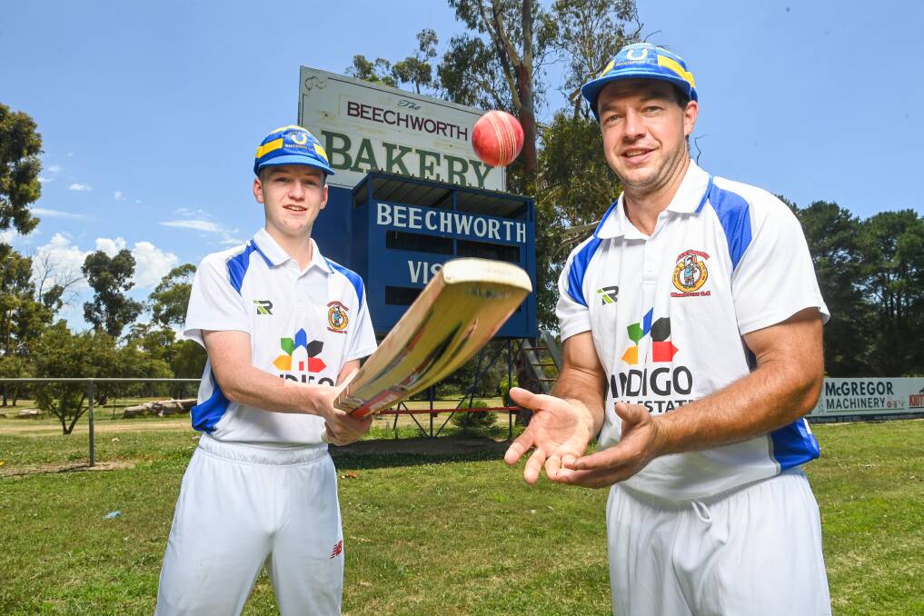HISTORIC: Beechworth's Clancy Ellett and Brenton Surrey with the club's special caps for a commemorative clash on Saturday. Picture: MARK JESSER