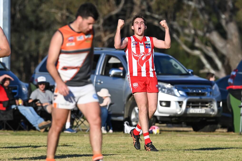 NO CHANGE: Henty's Thomas Newton celebrates a goal for the Swampies. The Hume league won't be affected by Victoria's lockdown this weekend due to a general bye.
