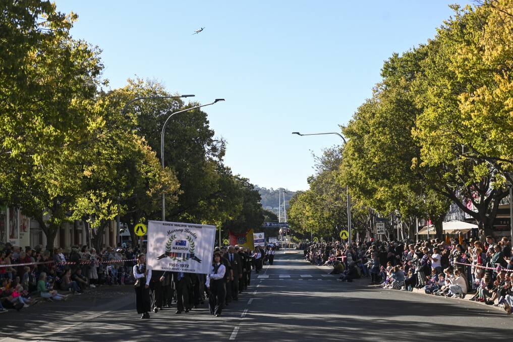 Thousands lined Dean Street for Albury's 2024 Anzac Day parade before many made their way up Monument Hill for the morning service. Picture by Mark Jesser