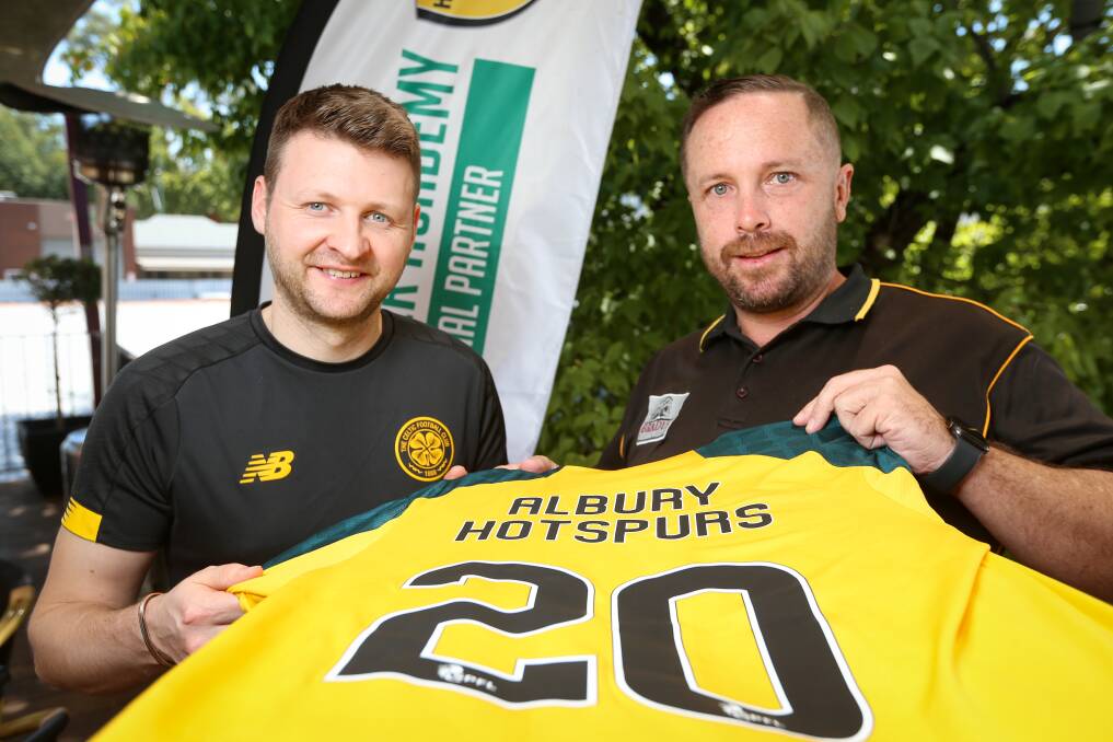 DONE DEAL: Celtic International Soccer Academy manager John McStay and Albury Hotspurs president Brad Howard at the announcement of the clubs' international partnership on Friday. Picture: JAMES WILTSHIRE