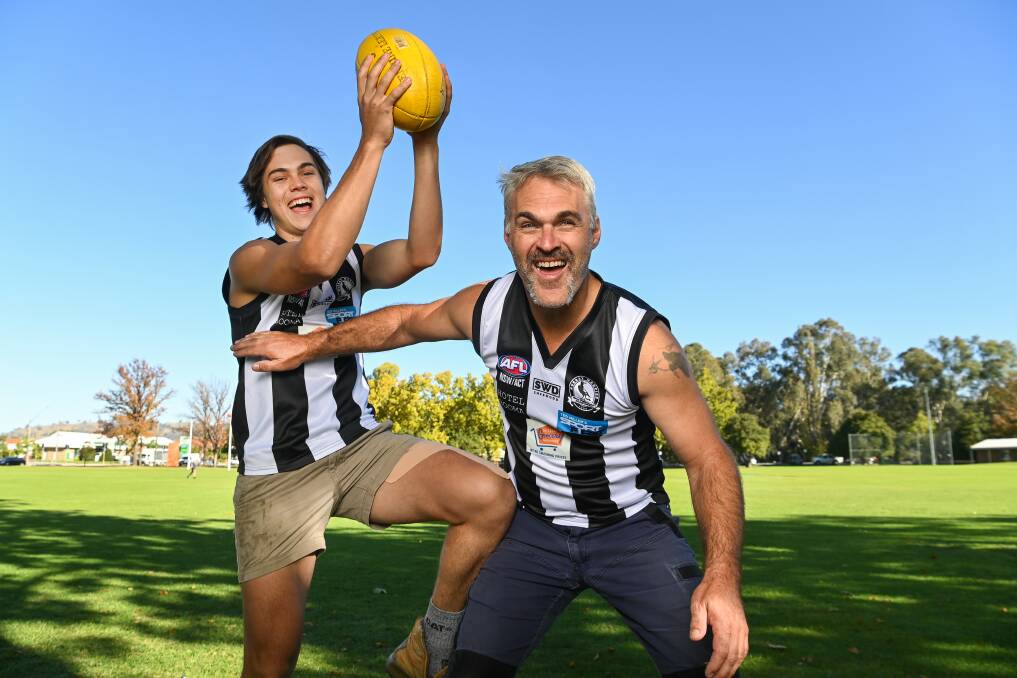 HANGER: Spencer and Steve Jones will play senior football together for the first time on Saturday when Murray Magpies take on Culcairn. Picture: MARK JESSER