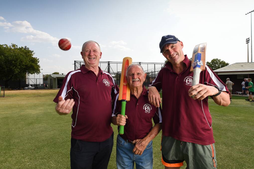 BRILLIANT BULLDOGS: Wodonga Cricket Club legends Bob Craig (1969-2002), Bill Proud (1973-1981) and Bob Jackson (2008-current) are looking forward to the 150th anniversary celebration. Picture: MARK JESSER
