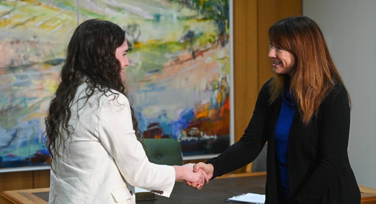 Charlotte Benson is congratulated by Albury mayor Kylie King after receiving an Albury Council medical scholarship on Monday, May 29. Picture by Mark Jesser