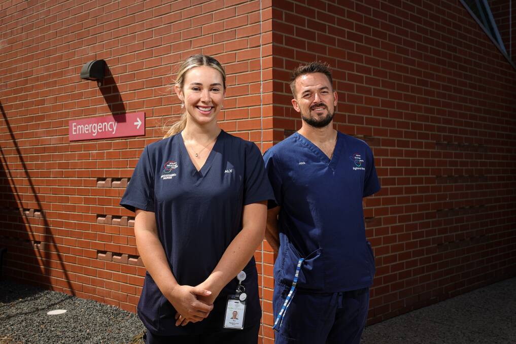 GRADUATES: Aly Greer and Jack Burns joined Albury Wodonga Health as nurses in 2022. Picture: JAMES WILTSHIRE