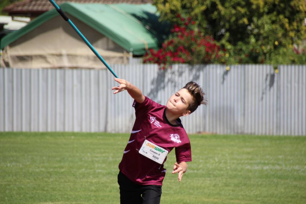 ONE TO WATCH: Javelin is a new event for Wodonga Little Athletics Centre's under-11s and Cooper Summerfield is improving each week. Picture: RYAN MCMAHON
