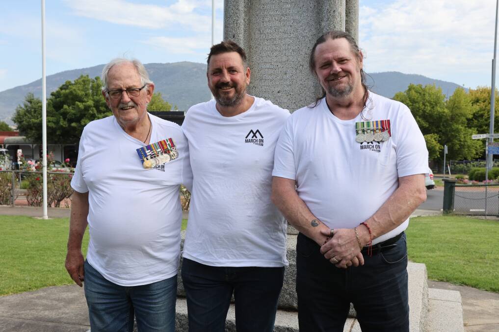 MARCH ON: Corryong's Legends on Hansen cafe co-owner Stuart Spratt (middle) has had plenty of support from former Corryong RSL secretary Ray Waters and Australian Navy veteran Laurie Phillips ahead of his major walk for Solider On. Picture: CORRYONG COURIER