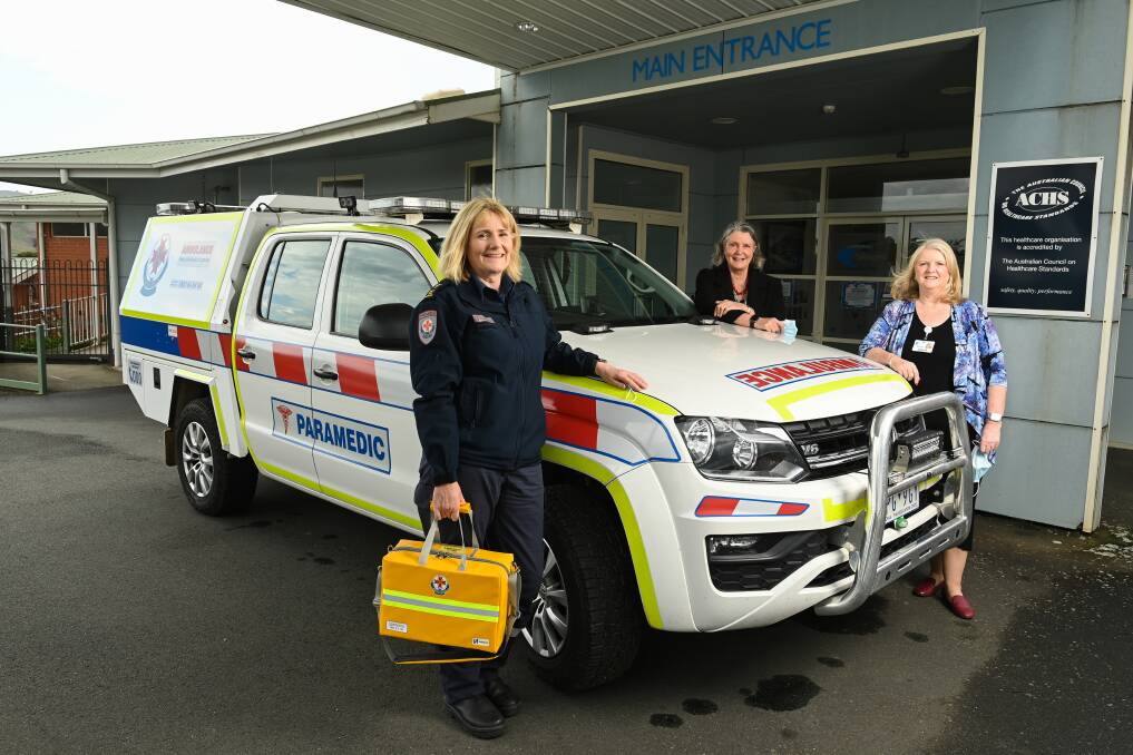MUTUAL BENEFIT: Ambulance Victoria Towong community support coordinator Jo Brookes with Tallangatta Health Service director of clinical operations and nursing Lyn Lang and CEO Denise Parry. Picture: MARK JESSER