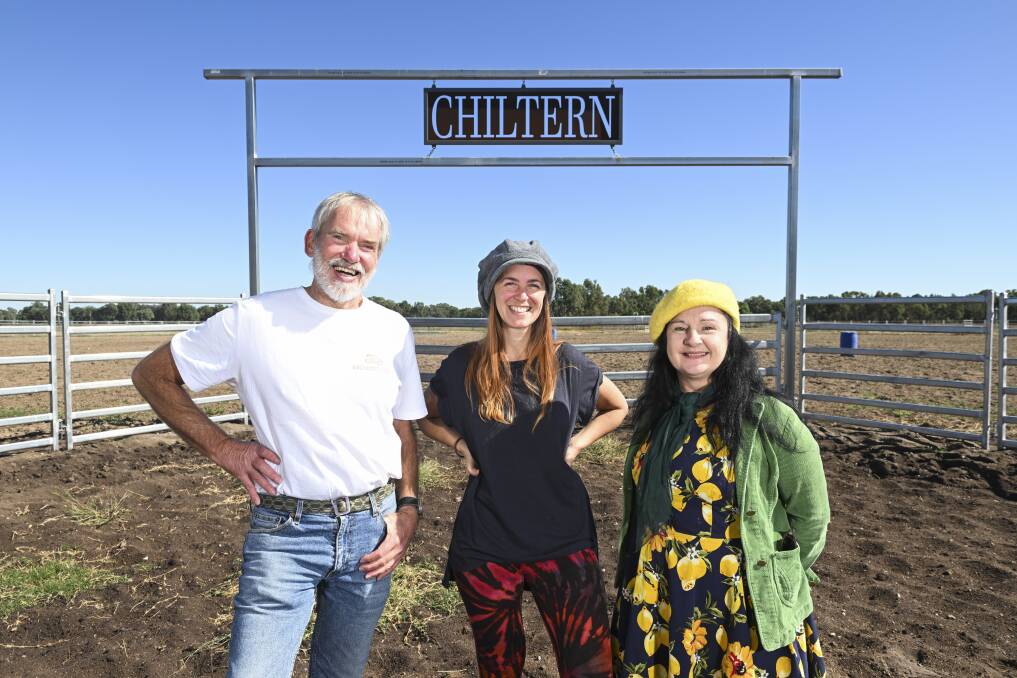 Off-Grid Living Festival electrification co-ordinator Russell Klose, festival director Kate Nottingham, and event co-ordinator Arabella Watson ahead of the 2024 edition at Chiltern Racecourse on April 6 and 7. Picture by Mark Jesser