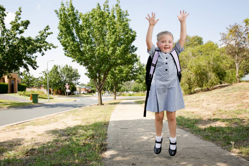 JUMP FOR JOY: Baranduda's Jemima Hick, 5, is excited for her first day of school at Grace Christian College on Friday. Victorian schools have started to welcome back students for 2021 as of this week. Picture: JAMES WILTSHIRE