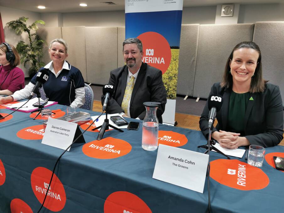 HEALTHY DEABTE: Farrer incumbent Sussan Ley, Labor Party candidate Darren Cameron and Greens Senate hopeful Dr Amanda Cohn at the ABC Riverina forum at Deniliquin RSL Club on Tuesday night. Picture: DENILIQUIN PASTORAL TIMES