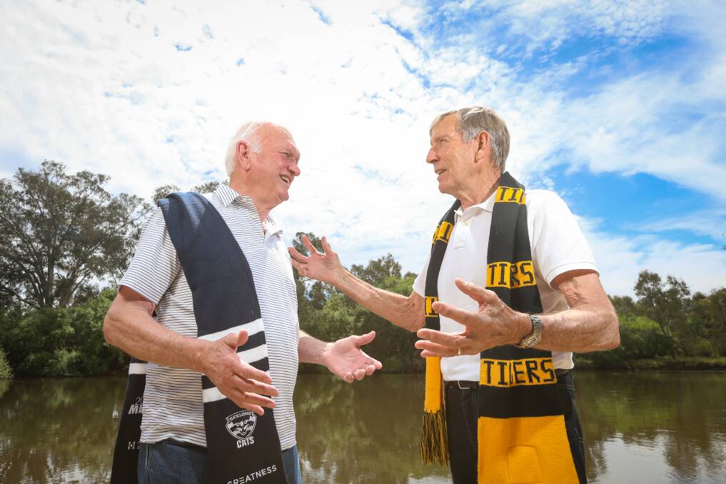 GAME ON: Geelong forward John Sharrock and Richmond wingman John Perry both played in the 1967 VFL grand final. Picture: JAMES WILTSHIRE
