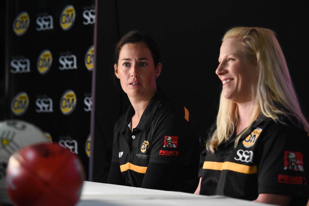GUESS WHO'S BACK: Rhiannon Dolahenty, pictured with Lavington coach Tamara Mathews, will return from a broken arm to take on Albury. Picture: MARK JESSER