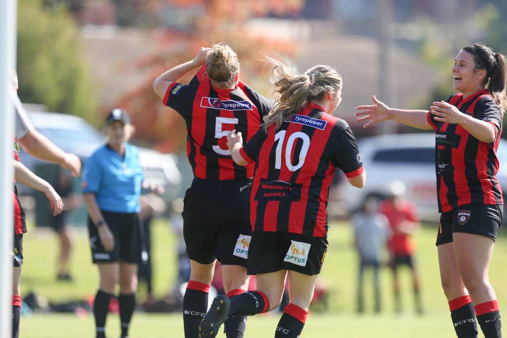 NOW YOU SEE ME: Amy Fuller celebrates the opening goal of the match as Wangaratta downed Boomers 5-2 at Glen Park on Sunday. Picture: TARA TREWHELLA