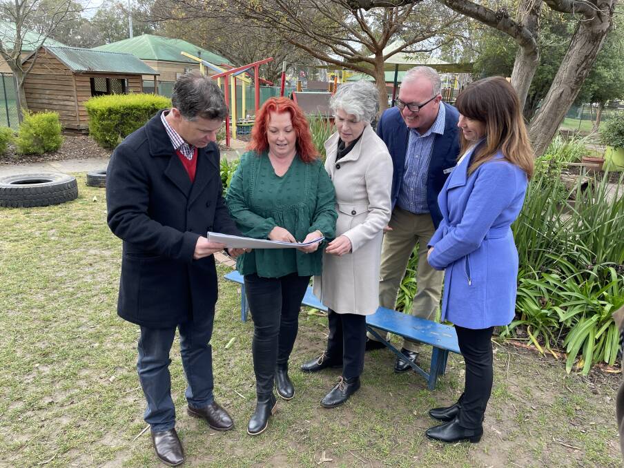 EXCITING UPGRADES: Albury MP Justin Clancy, Albury Preschool director Jo Barton, Ross Circuit Preschool director Cathy Northam, chairperson Darcy Irving and Albury mayor Kylie King check out the development plans.