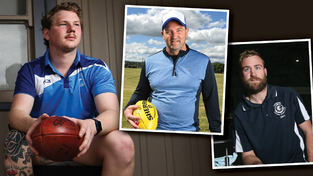 FRESH START: Hunter Clayton (left), Craig Bosley (top right) and James McInerney will coach Tumbarumba, Bullioh and Cudgewa, respectively, this Upper Murray season. The flag race looks wide open with new coaches at all five clubs.