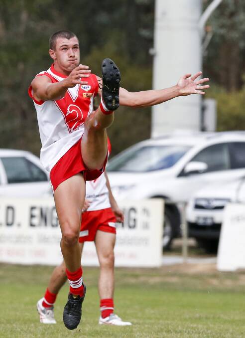 GOING FOR HOME: Jackson Lappin fires at goal for Chiltern during a solid performance against Yackandandah earlier in the season. Picture: SIMON BAYLISS
