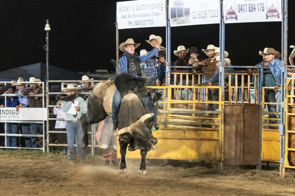 NIGHT TO REMEMBER: Chiltern rider Jarrod McKane was in fine form to take out the open bull ride event to earn the Steve Atkins Memorial Buckle at the Chiltern Pro Rodeo on Sunday night. Picture: KERRY MCFARLANE
