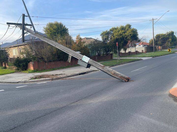 DAMAGE: The aftermath of the power pole which was hit by a truck on the corner of David and Fallon streets in Albury on Wednesday. Picture: MURRAY RIVER POLICE DISTRICT