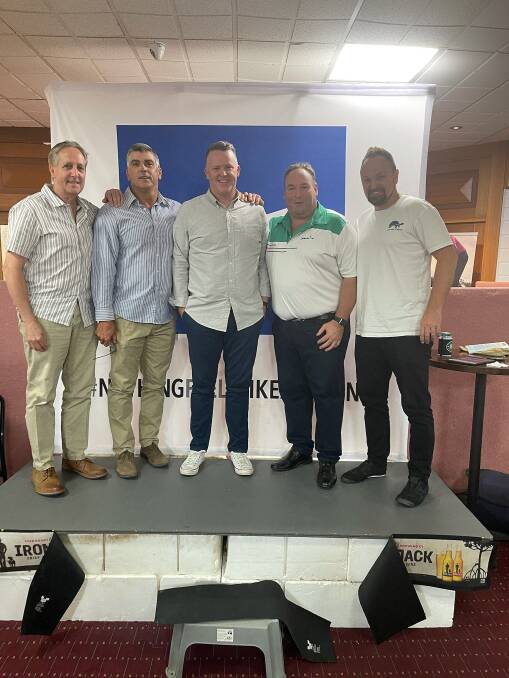 AMBROSE A HIT: Pilot Michael Newman, former North Melbourne great Peter German, Marcus Fraser, event organiser Shaun Whitechurch and Olympic gold medallist Steven Bradbury at the sportsman's night for this year's Marcus Fraser Ambrose at Corowa Golf Club.
