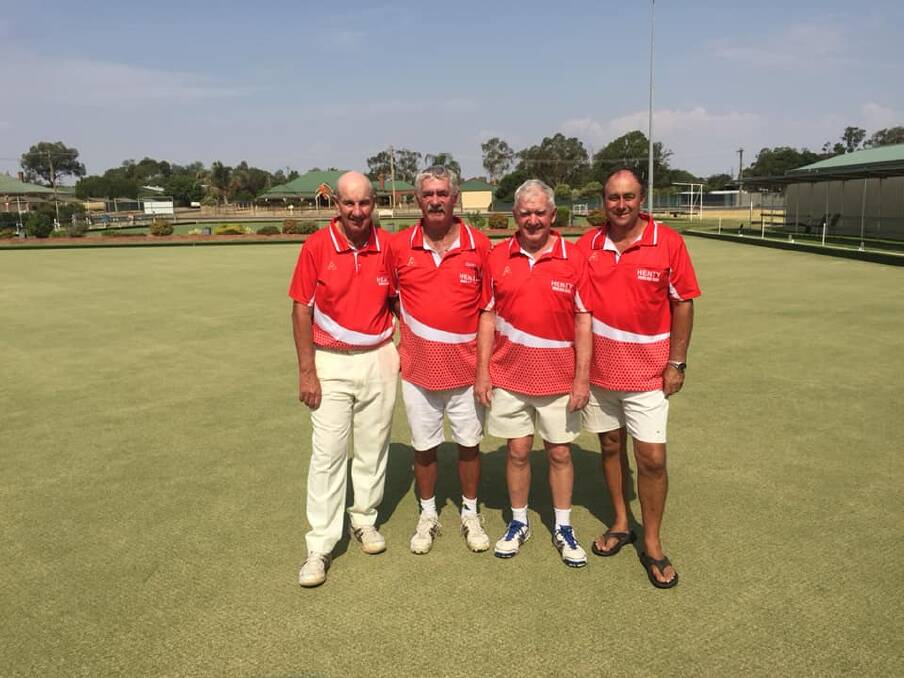 SWAMPIES SALUTE: Henty bowlers Peter Forck, Gary Kern, Peter Campbell and Peter White claimed victory in the Albury and District open fours at Henty.