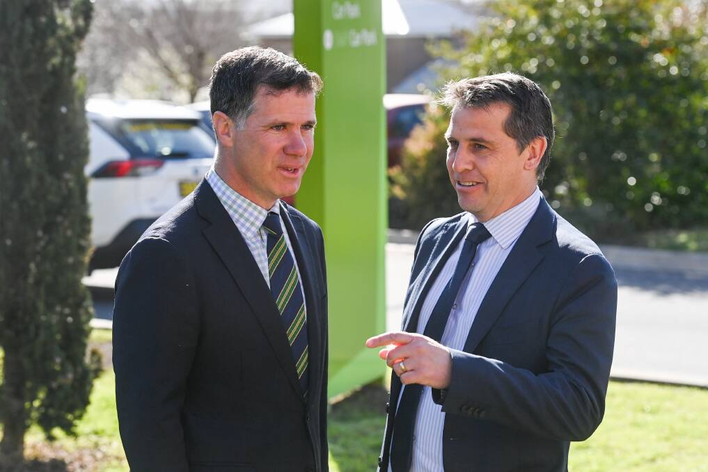 Albury MP Justin Clancy and NSW Health Minister Ryan Park catch up at Albury hospital on Wednesday, September 6. Picture by Mark Jesser