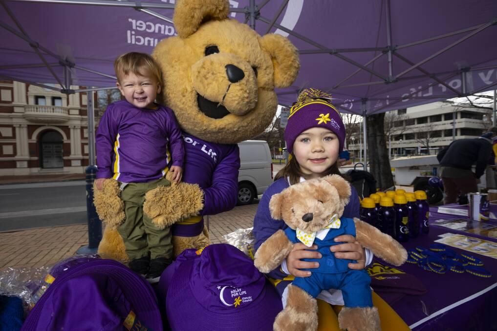 FAMILY FUN: Chris Chang, as Dougal Bear, and his children Matthew, 2, and Sophie, 6, are all excited for the return of Border Relay for Life this year after the past two events were cancelled by COVID-19 restrictions. Picture: ASH SMITH