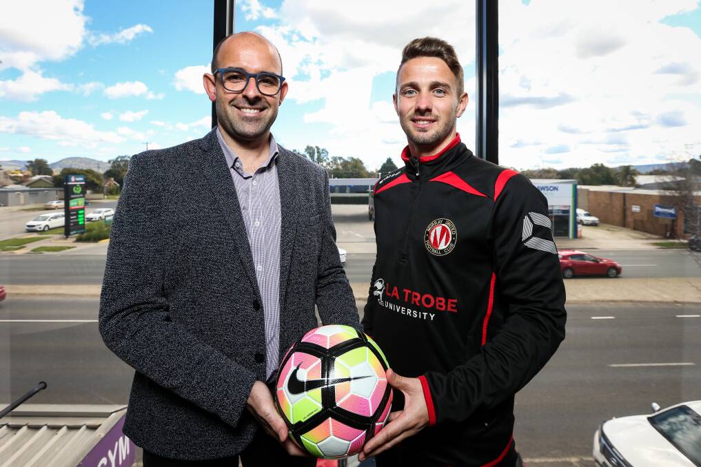 FAREWELL: Murray United coach James Coutts, pictured with corporate director Pedro Afonso, will depart the club at the end of the season. Picture: JAMES WILTSHIRE