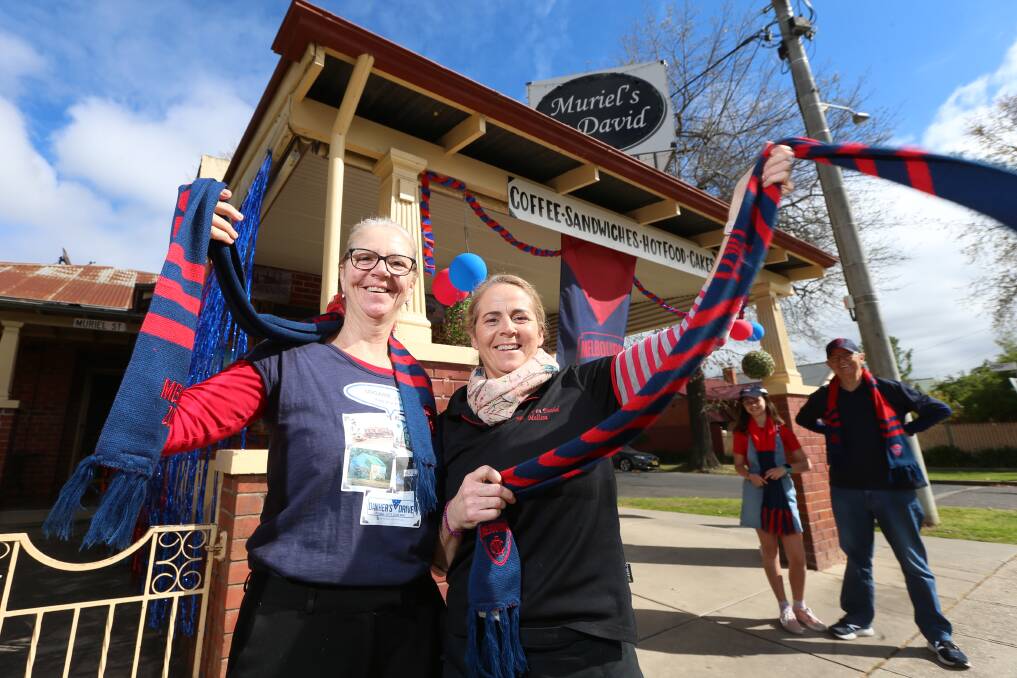 DEE-LIGHTED: Vicky and Melissa Daniher have decorated their David Street store this week to support Melbourne, and cousin Neale, who coached the Demons to their last AFL grand final in 2000. Picture: JAMES WILTSHIRE