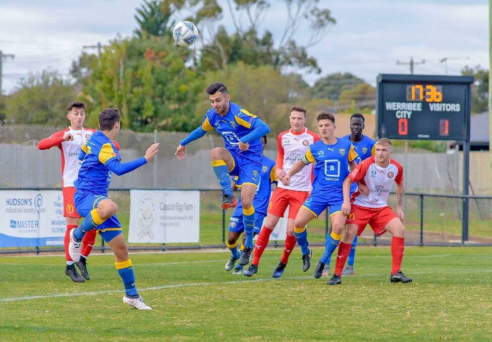 Tyler Curran (far right) in action for Murray United's under 20s against Werribee City FC on Saturday, June 16. Picture: WERRIBEE CITY FC FACEBOOK
