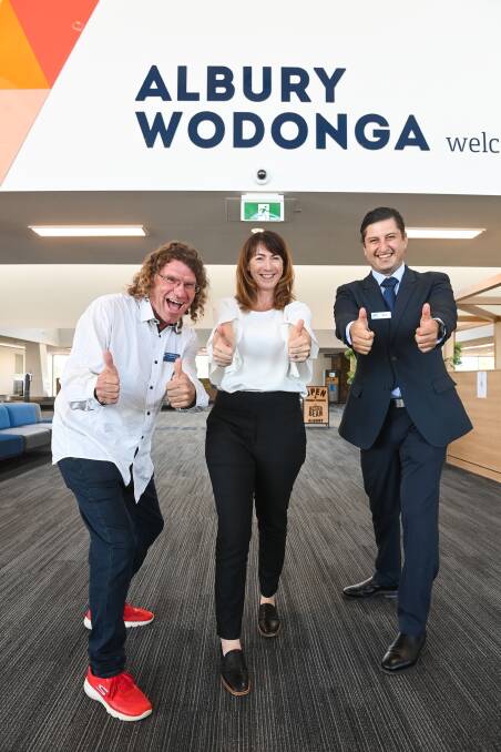 HAPPY: Albury Council deputy mayor Steve Bowen, mayor Kylie King and Albury Airport team leader Nick Politis welcomed confirmation Bonza would fly out of the Border airport when it was announced in February. Picture: MARK JESSER