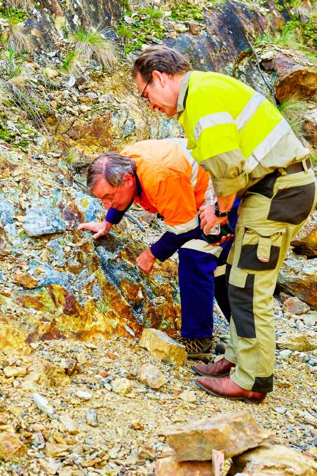 Dart Mining engineer Simon Law and chairman James Chirnside inspecting pegmatite dyke outcropping in the North East. The company has had promising results in its search for lithium in the region. Picture supplied