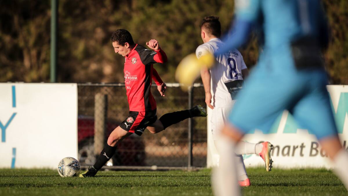 TOUGH DAY: Lewis Greenwood was unable to capitalise from the penalty spot as Murray United went down 2-0 to North Geelong Warriors on Saturday. Picture: JAMES WILTSHIRE