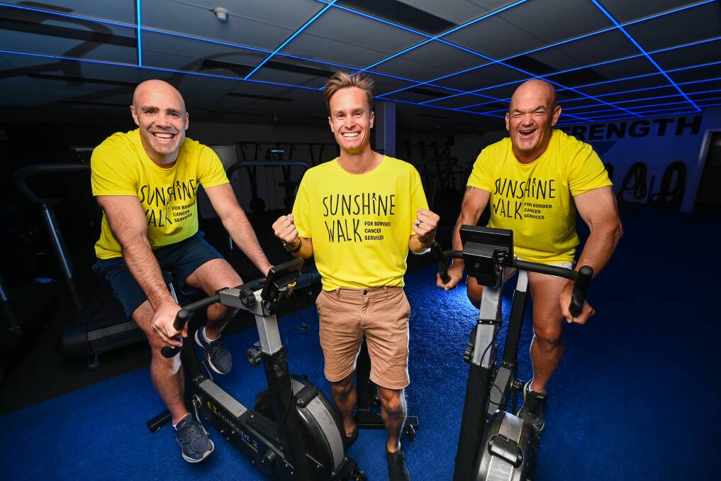 PEDAL POWER: Sunshine Ride ambassador Adrian Purtell, Jesse Featonby and member of the committee Steve Ballard are excited for the 2022 Albury Wodonga Regional Cancer Centre Trust fundraiser. Picture: MARK JESSER