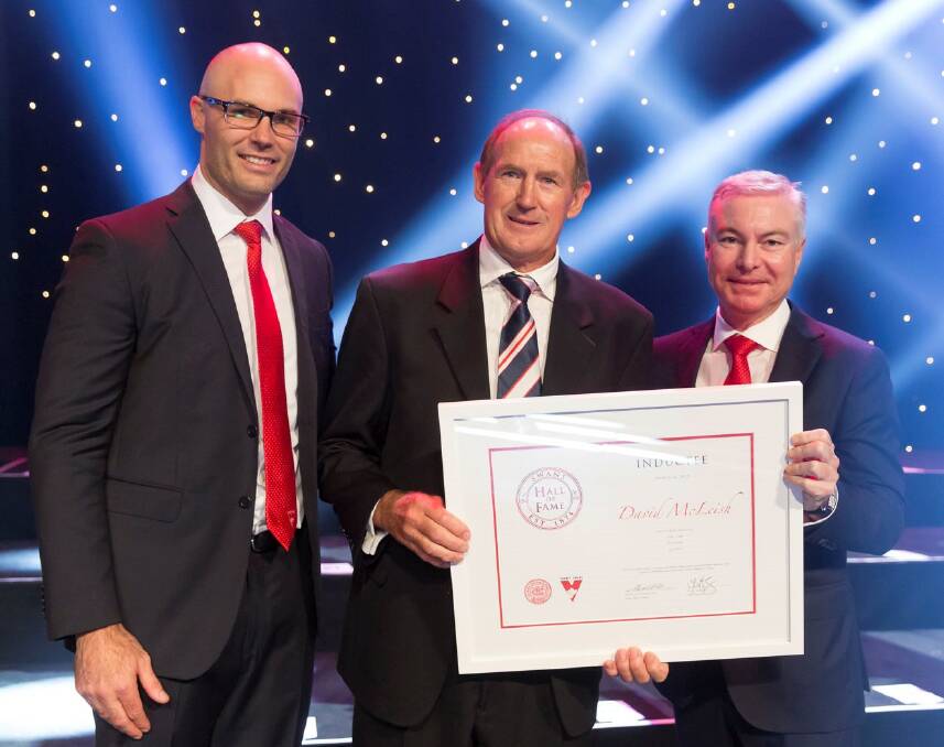 HONOURED: Wodonga premiership coach David McLeish with Tom Harley and Sydney Swans chairman Andrew Pridham following his induction into the club's Hall of Fame.