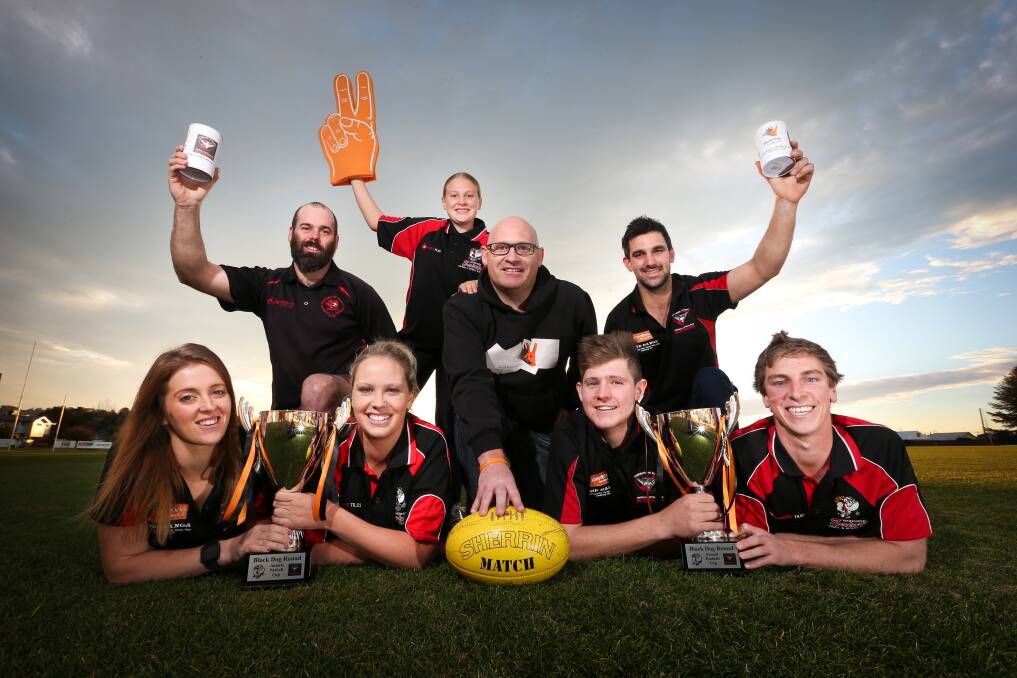 SPECIAL OCCASION: Jess Richardson, Luke Potter, Rachel Hansford, Lily Skinner, 12, Dale Skinner, Cody Hewat, Dale Lappin and Zack Pleming are gearing up for Black Dog Cup between Wodonga Saints and Dederang-Mount Beauty on Saturday. Picture: KYLIE ESLER