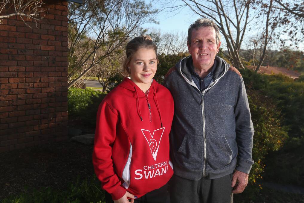 SWANSONG: John 'Rowdy' Lappin with grandaughter Amy Shannon, who now plays netball at Chiltern. Picture: TARA TREWEHLLA