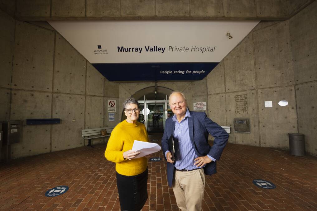 Chief executive of Ramsay Health Care's three Border hospitals Sheryl Keir and Andrew Dixon, of LJ Colquhoun Dixon Commercial Real Estate, at Murray Valley Private Hospital in Wodonga, which is to be sold. Picture by Ash Smith